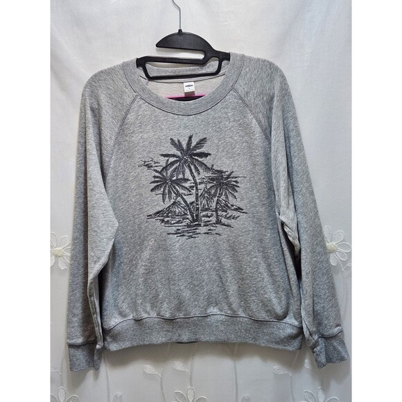 Old Navy Sweaters - Old Navy Womens Medium Gray Sweater Cropped Palm Trees Coastal Paradise Tropical